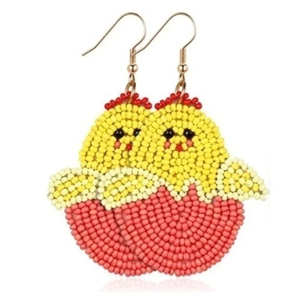 Cute Baby Chick Easter Egg Handmade Beaded Spring Drop Earrings NWT